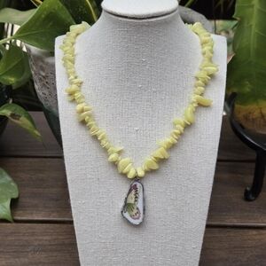 Hand Crafted Butterfly Broken China Plate Silver Soldered Pendant Yellow Jasper